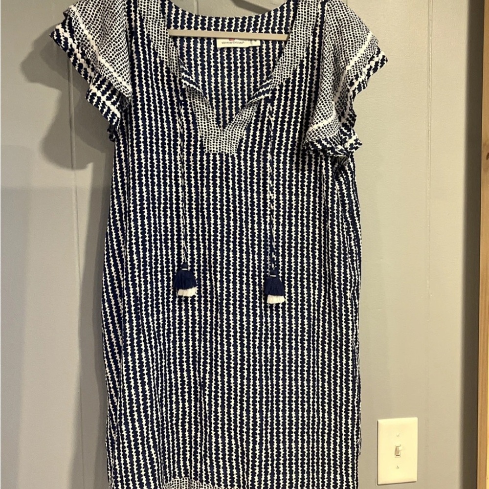 Vineyard Vines Medium Tunic Dress Blue White Tassel Boho Rayon/Silk Cover Up